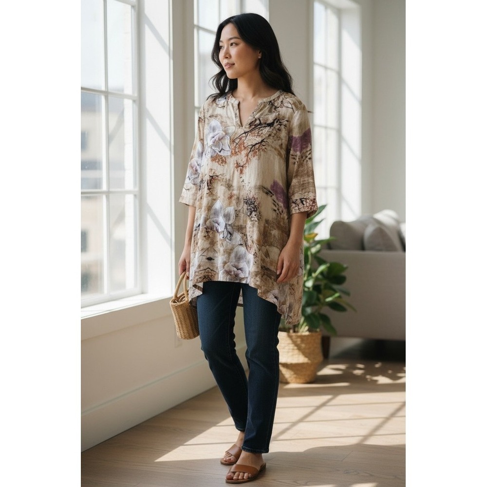 Peck & Peck Linen Tunic Blouse Women M Beige Floral Split V-Neck 3/4 Sleeve boho